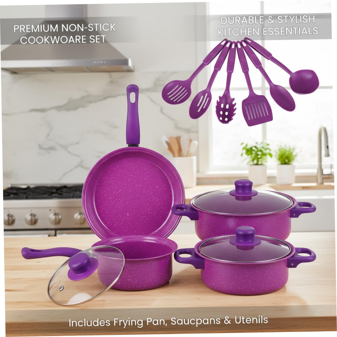 Set di Pentole Antiaderenti, Set di Pentole Antiaderenti da 13 Pezzi, E Padelle con Padella, Pentola per Il Latte E Utensili per La Cucina Casalinga, Viola