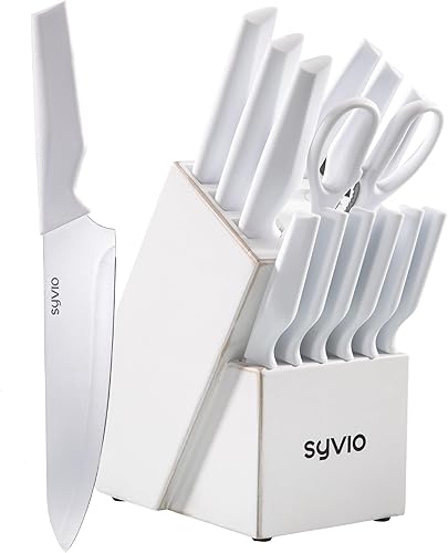 syvio Juego de cuchillos blancos, juego de cuchillos de cocina con bloque y afilador, 14 cuchillos de cocina para cortar, rebanar, cortar en dados y