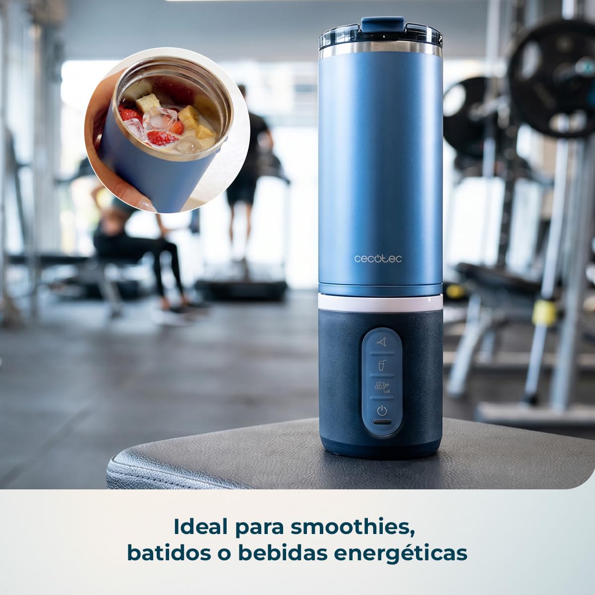 Cecotec Batidora de Vaso Portátil con 11,1V Power Titanium Shake2Go Lagoon Steel. 180W, Vaso Metal 600ml Libre BPA, 3 Programas Automáticos, Carga USB-C, Bebidas Frías por Más Tiempo