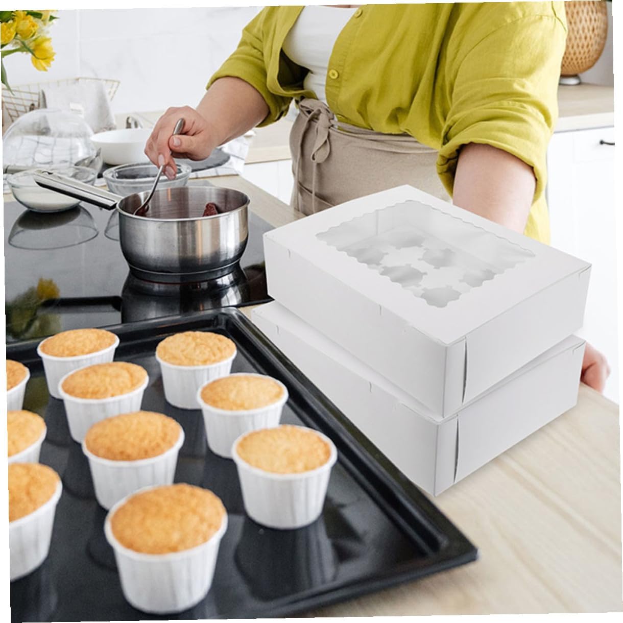 10pcs Cupcake Packing Box with Window, White Cardboard Muffin and Egg Tart Paper Bakery Box, Pastry Packaging for Party and Home Use