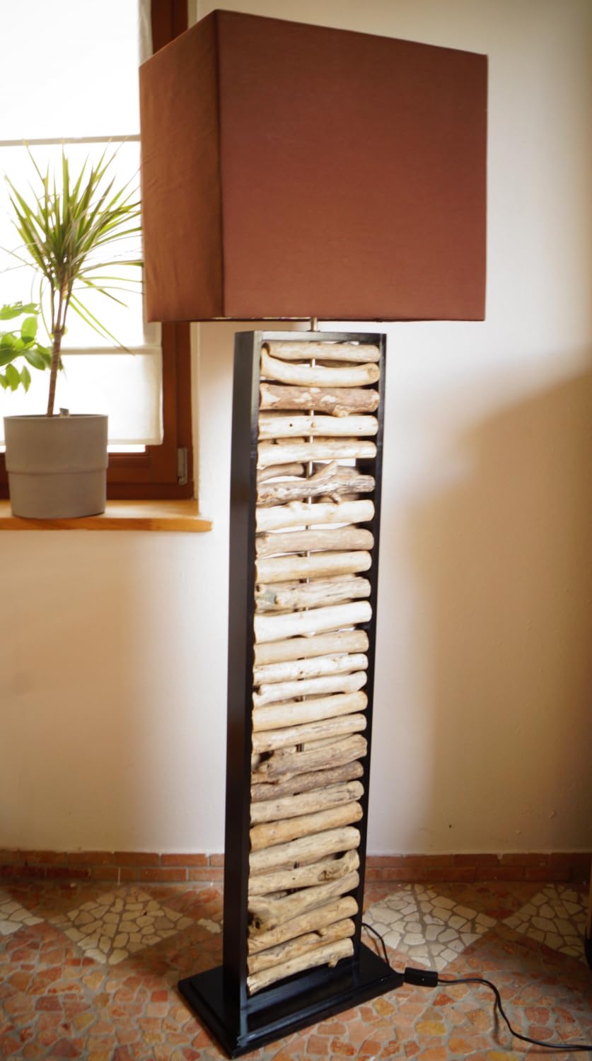 GURU SHOP Lámpara de pie hecha a mano en Bali de material natural, madera, algodón, modelo Jiska, madera flotante, 159 x 45 x 30 cm, lámparas de pie de materiales naturales
