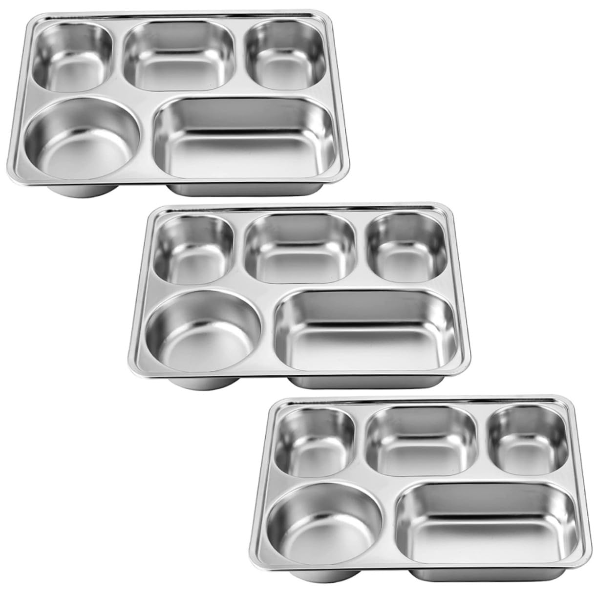 Assiettes Divisées Rectangulaires 3 Pièces en Acier Inoxydable Argenté