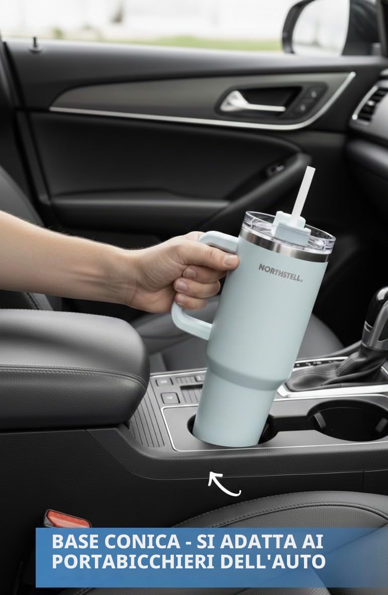 Bicchiere Termico 40oz (1,18 Litri) con Cannuccia e Manico - Tazza Termica in Acciaio Inox Senza BPA per Auto - Mantiene Ghiaccio e Caldo, Compatibile con Portabicchiere (celeste)