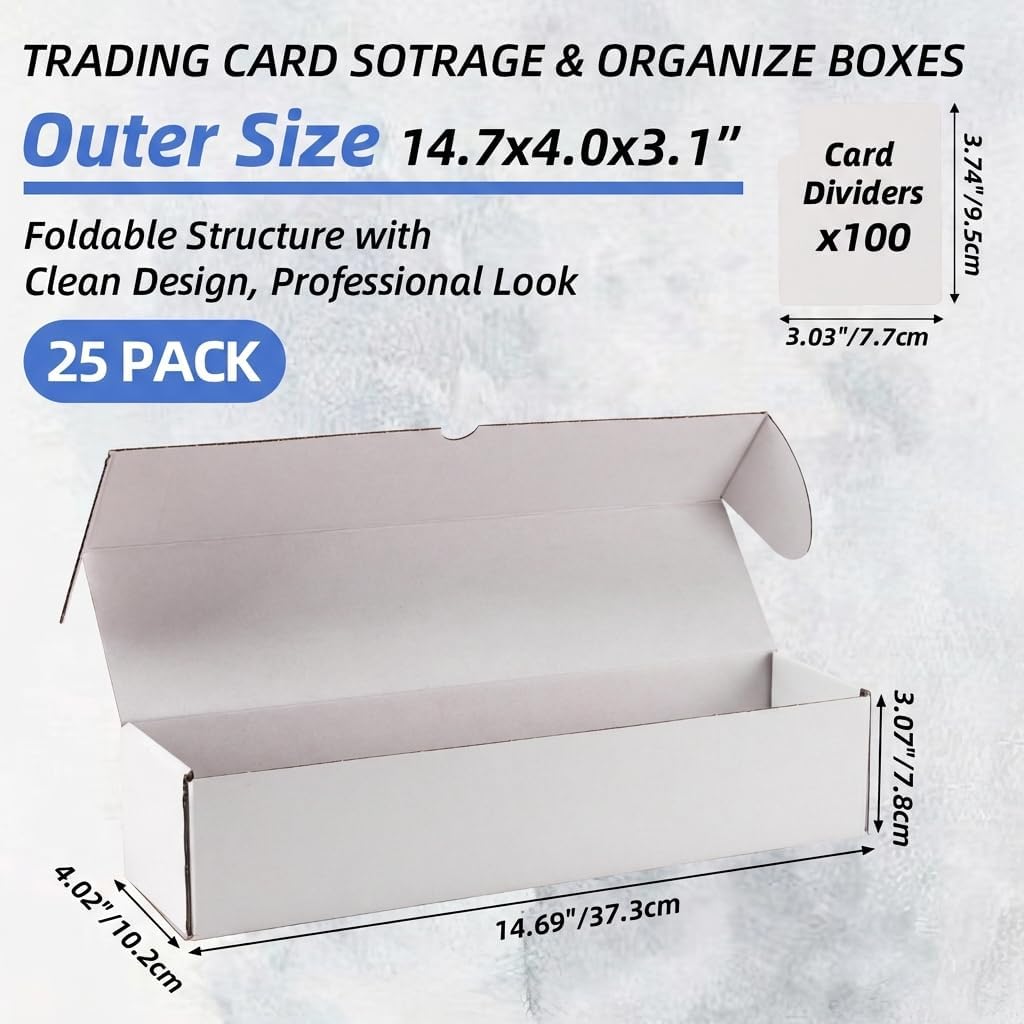 EXYGLO Trading Card Storage Box 25 Pack 700 Count 20pt with Dividers, 14.2x3.8x2.9 Inch Full White Cardboard Card Boxes for TCG/MTG/Sport Cards, Fit 3.6x2.6 Sleeves Shipping or Storing
