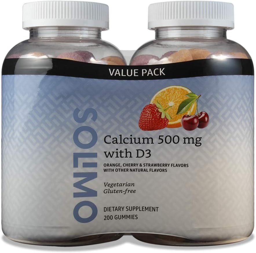 Amazon Brand - Solimo Calcium,Vitamin D, (Calcium 500 mg with D3 800) IU per Serving (2 Gummy), 200 Count (2 Pack of 100)