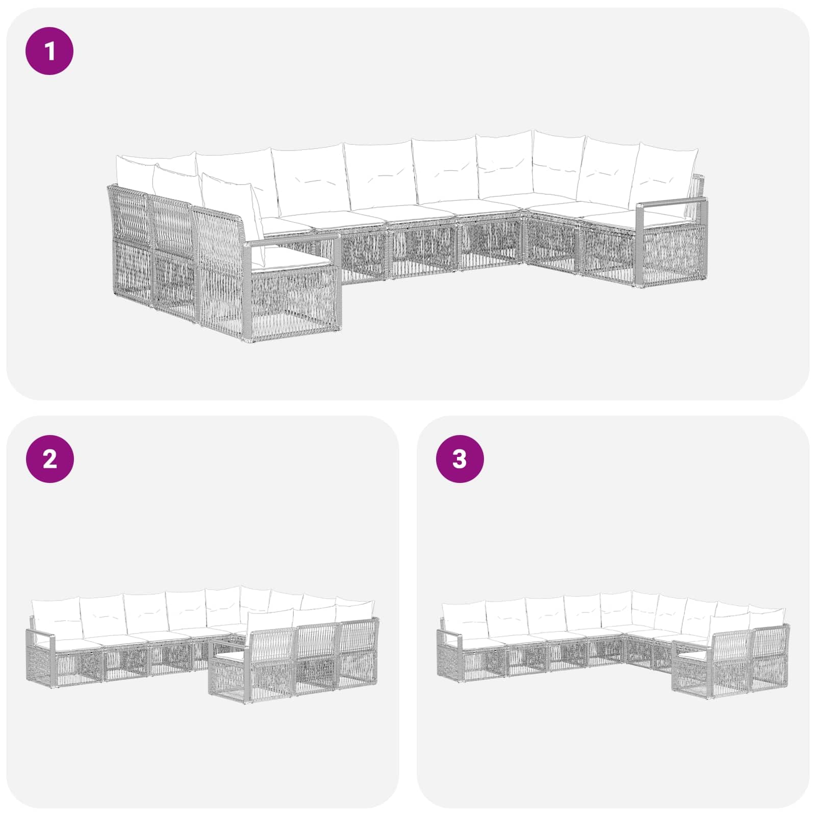 Ensemble de canapé de Jardin 10 pièces Gris en polyrotin modulable, Coussins Polyester Amovibles et lavables, Cadre Acier Enduit, pour terrasse Patio Jardin, détente