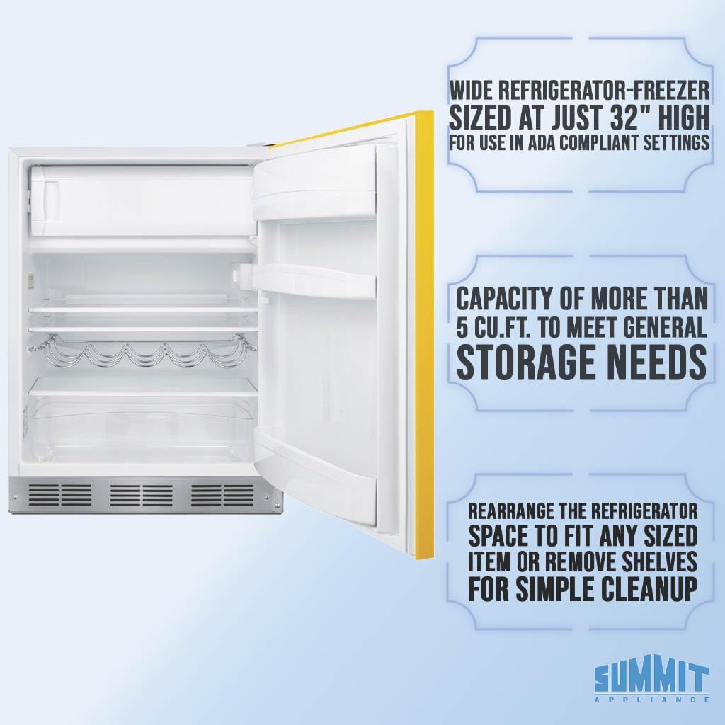 Summit 24" Refrigerator Freezer, Undercounter Fridge, 5.04 cu.ft. Capacity, ADA Compliant, ENERGY STAR, Yellow - BRF611WHYADA
