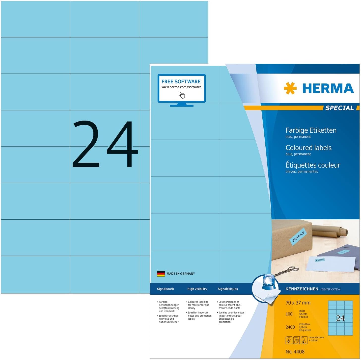 HERMA Self Adhesive Coloured Labels, 24 Labels Per A4 Sheet, 2400 Labels for