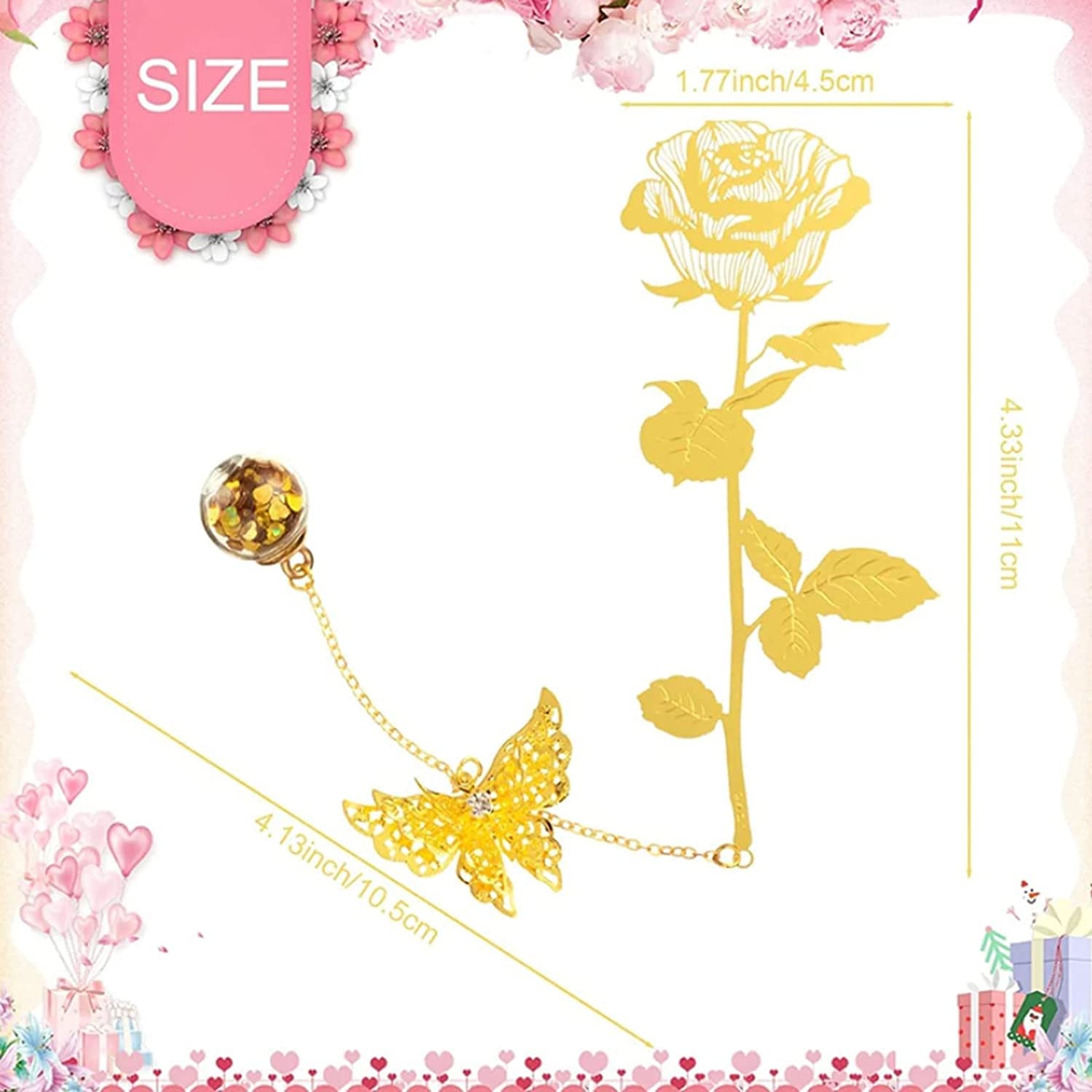 zakładki do książek 4 stuks Rose Bookmark Metallic Gold Paginahouder Met 3d Vlinder Hanger Ketting Voor Vrouwen Lezen Pagina Markers Uniek cadeau piękna