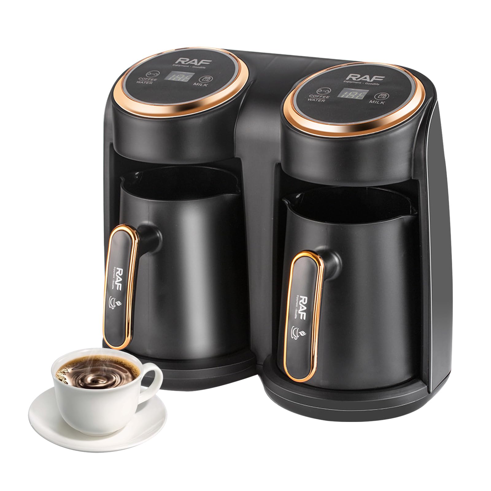 RAF Elektrische Türkische Kaffeemaschine, 600W Kaffeepott mit Dual-Heizsystem, Gleichzeitig Kaffee & Milch erhitzen, 300+300ml Große Kapazität für 6 Tassen, mit Anti Trockenlauf Schutz