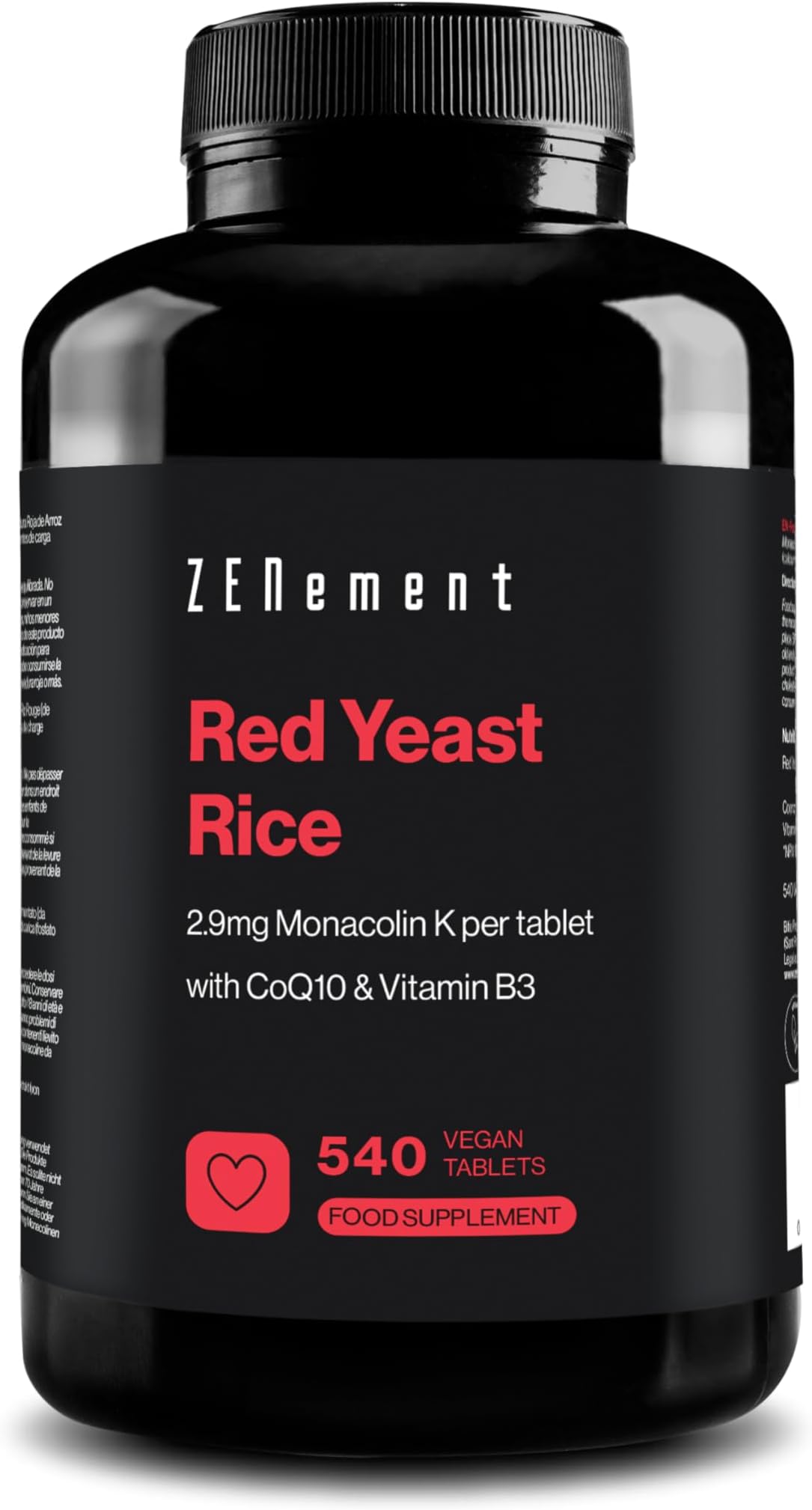 Red Yeast Rice, 540 Vegan Tablets | Provides 2.9mg Monacolin K, Enriched with Coenzyme Q10 and Vitamin B3 | Citrinin Free | Zenement