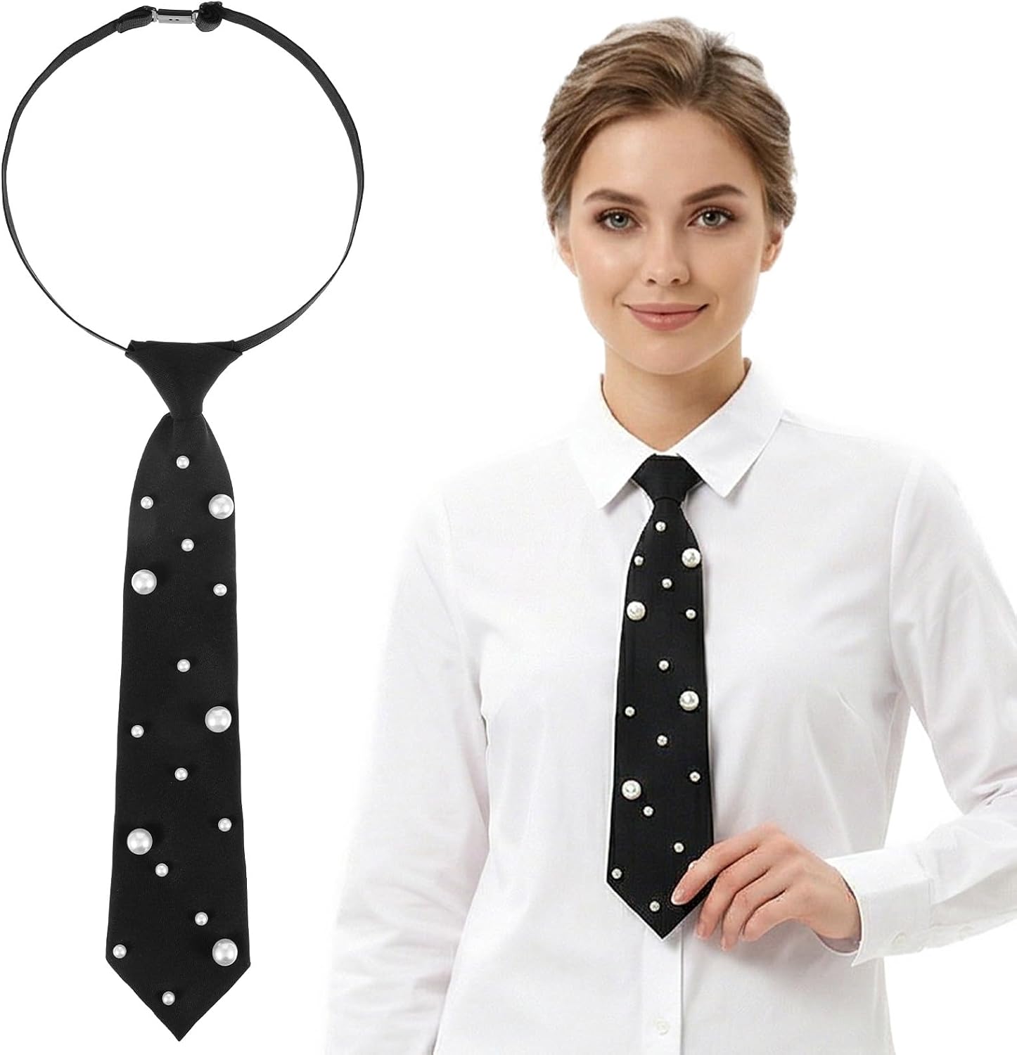 Black Tie for Women 13" Pre-Tied Pearl Ties for Women Black Neck Tie Adjustable Necktie for School Business Wedding Cosplay