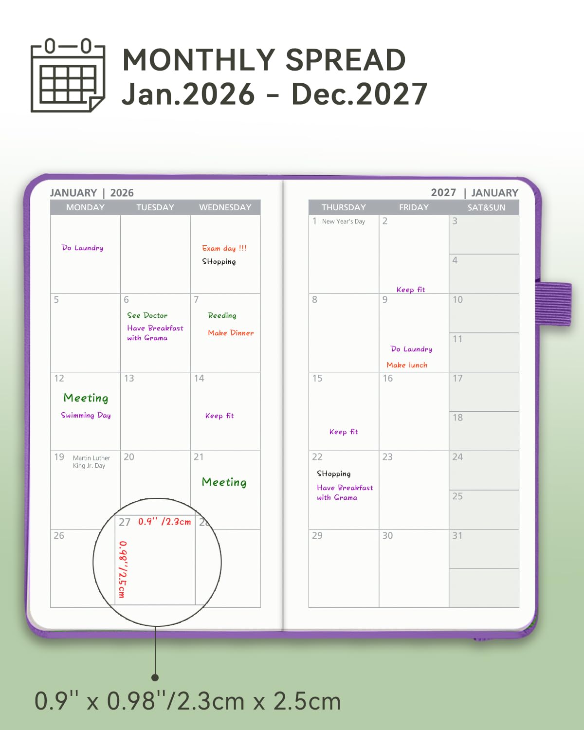kieszonkowy planer miesięczny 2026-2027, kieszonkowy kalendarz miesięczny na 2 lata (styczeń 2026 - grudzień 2027), 4 strony na miesiąc ze stronami wydatków 8,9 cm x 15 cm, skórzana twarda