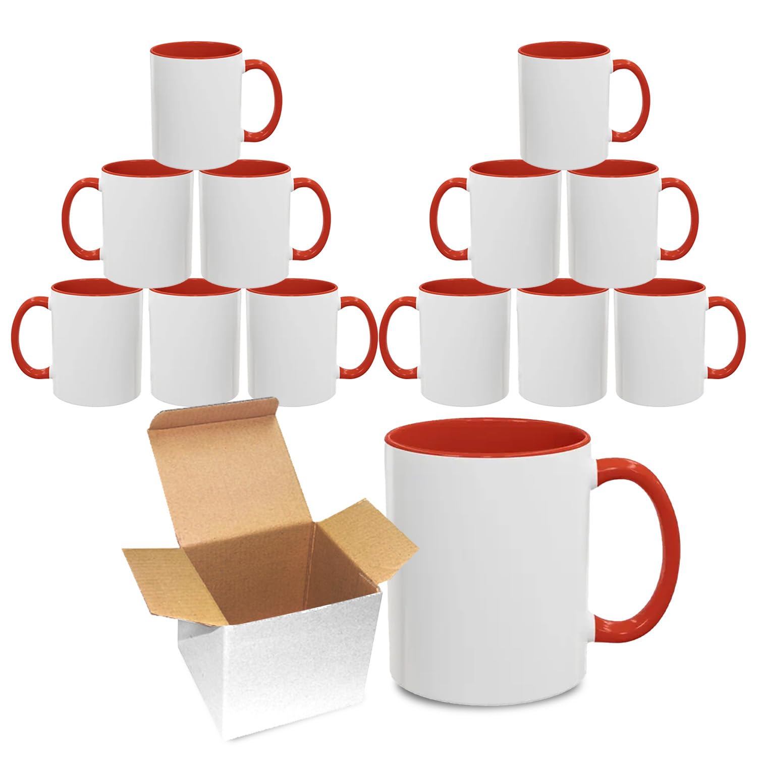 Sublimation Mugs 11oz Blank with Coloured Large Handle & Inner with Box | Durable, Ceramic Orca Finished Mugs, Perfect for Custom & DIY Printing, for Loved Ones | Red Bulk Pack 12