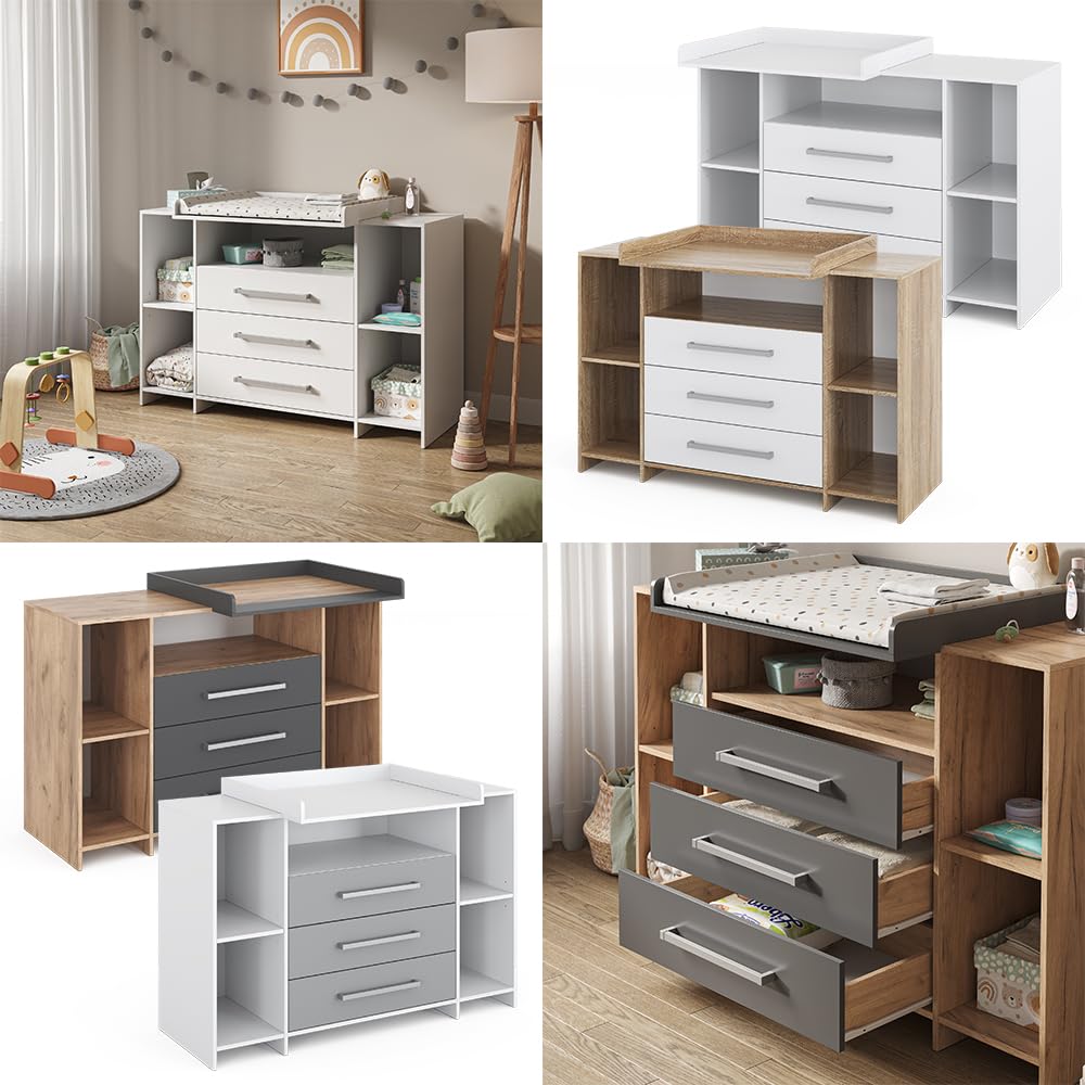 Vicco Cómoda Cambiador Oskar, Blanco/Gris, 143 x 100 cm XL con cajones, Apto como Cambiador con Zona de Almacenamiento Ampliable