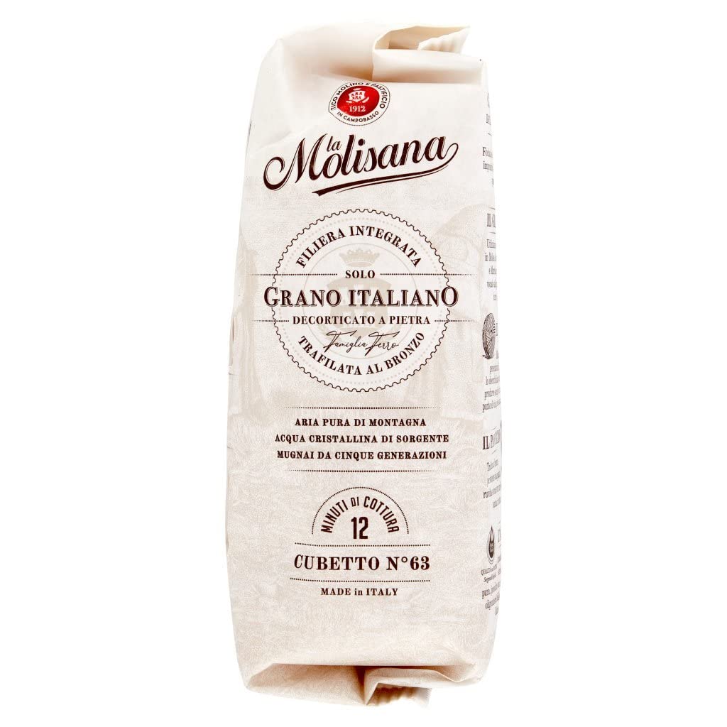 La Molisana Cubetto N.63 Pasta Lenta Lavorazione Pastas de sémola de trigo duro, dibujo de bronce, 500 g + 2 Polpa italiana Gourmet