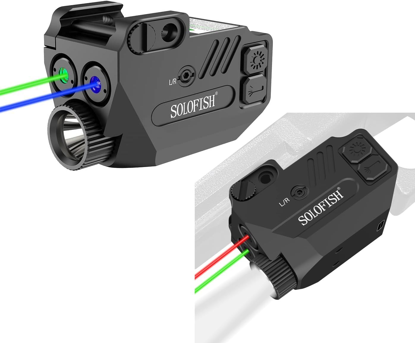 SOLOFISH 500lm Aluminum Pistol Flashlight with Blue Green Beam, Bundle with Aluminum Red Green Beam Combo, Rechargeable