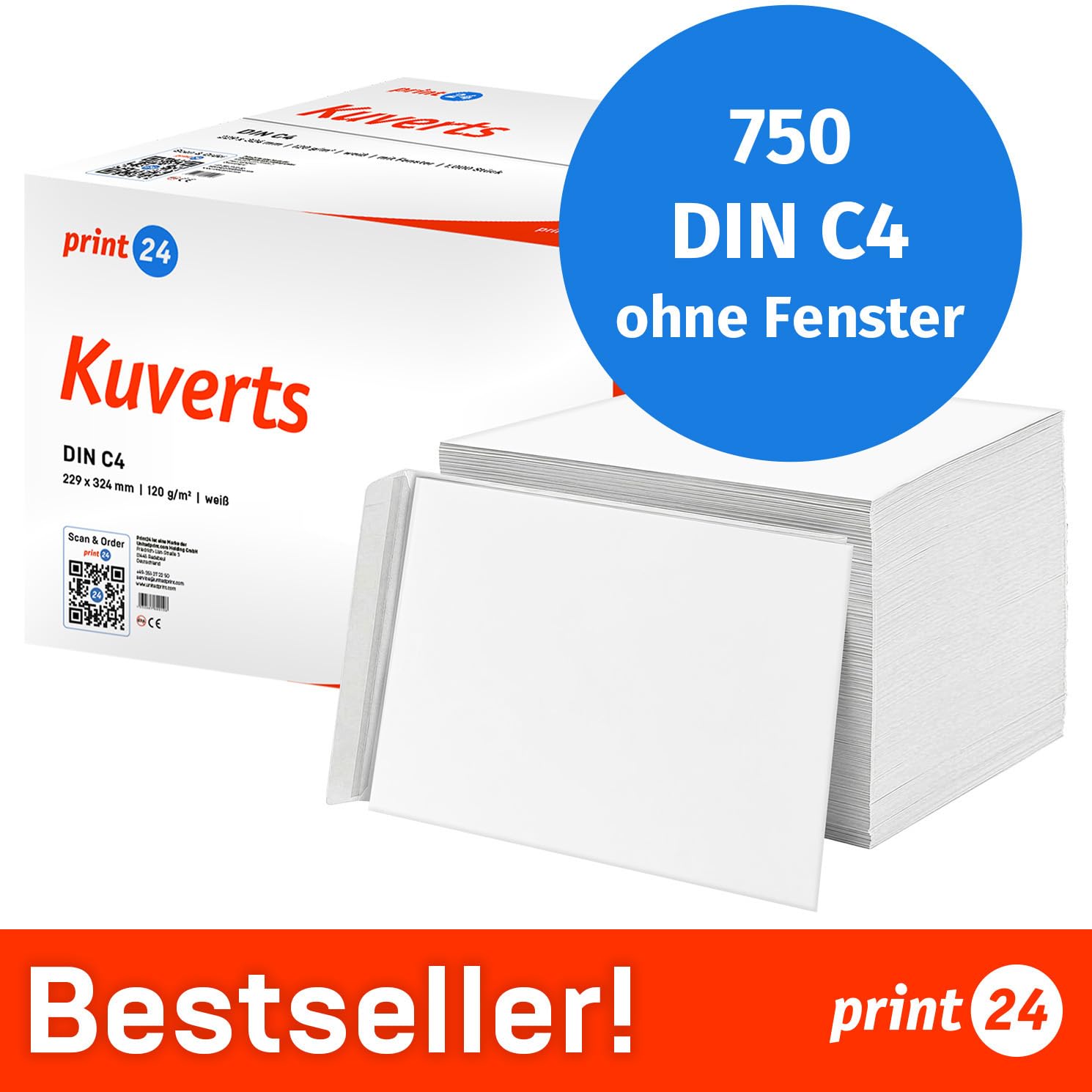 NEU: print24 Briefumschläge ohne Fenster, DIN C4, unbedruckt, 750 Stück