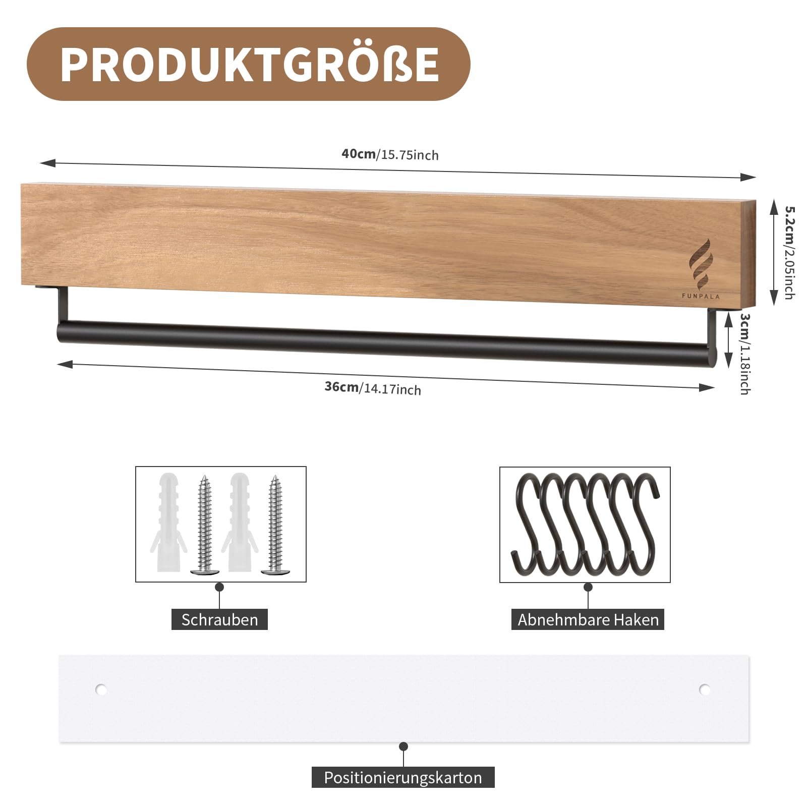 Magnetleiste Messer mit 6 Haken, 40 cm Messerhalter Holz mit Extra Starkem Magnet, Messerhalter Magnetisch für Utensilien und Werkzeuge