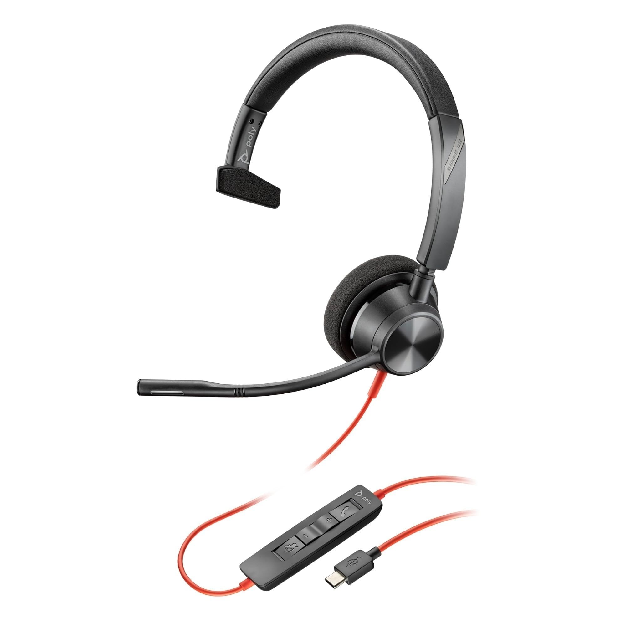 Poly Blackwire 3310, Cuffia Monoaurale Cablata con Connessione USB-A e USB-C, Cuscinetti in Similpelle, Riduzione del Rumore e dell'Eco, Comandi sul Cavo, Compatibile con Windows 10 e macOS, Nero