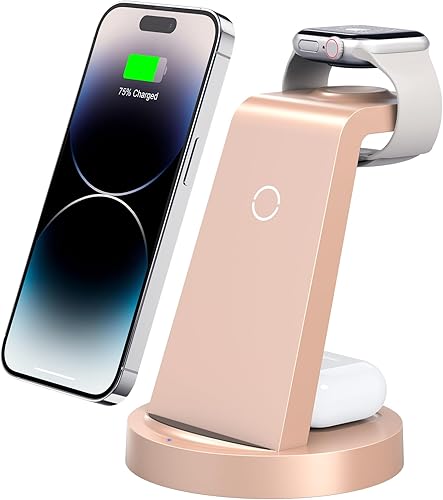 Estación de carga 3 en 1 para iPhone, cargador inalámbrico para iPhone 15, 14, 13, 12, 11 X Pro Max y Apple Watch, base de carga para AirPods (rosa)