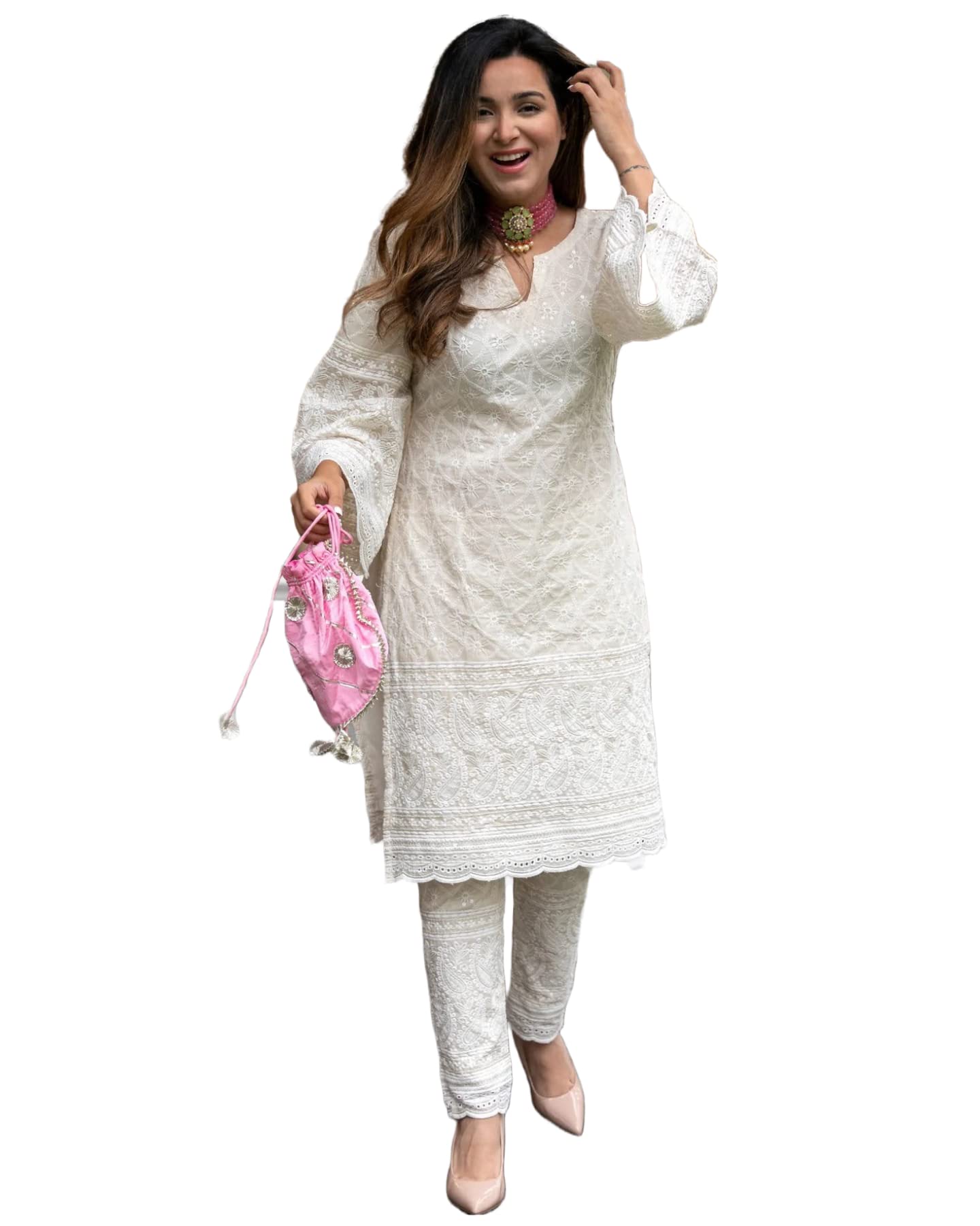 Women's Cotton Blend Embroidered Straight Kurta with Pant (Mavak Cream-GS_S_Cream_Small)-picture-32
