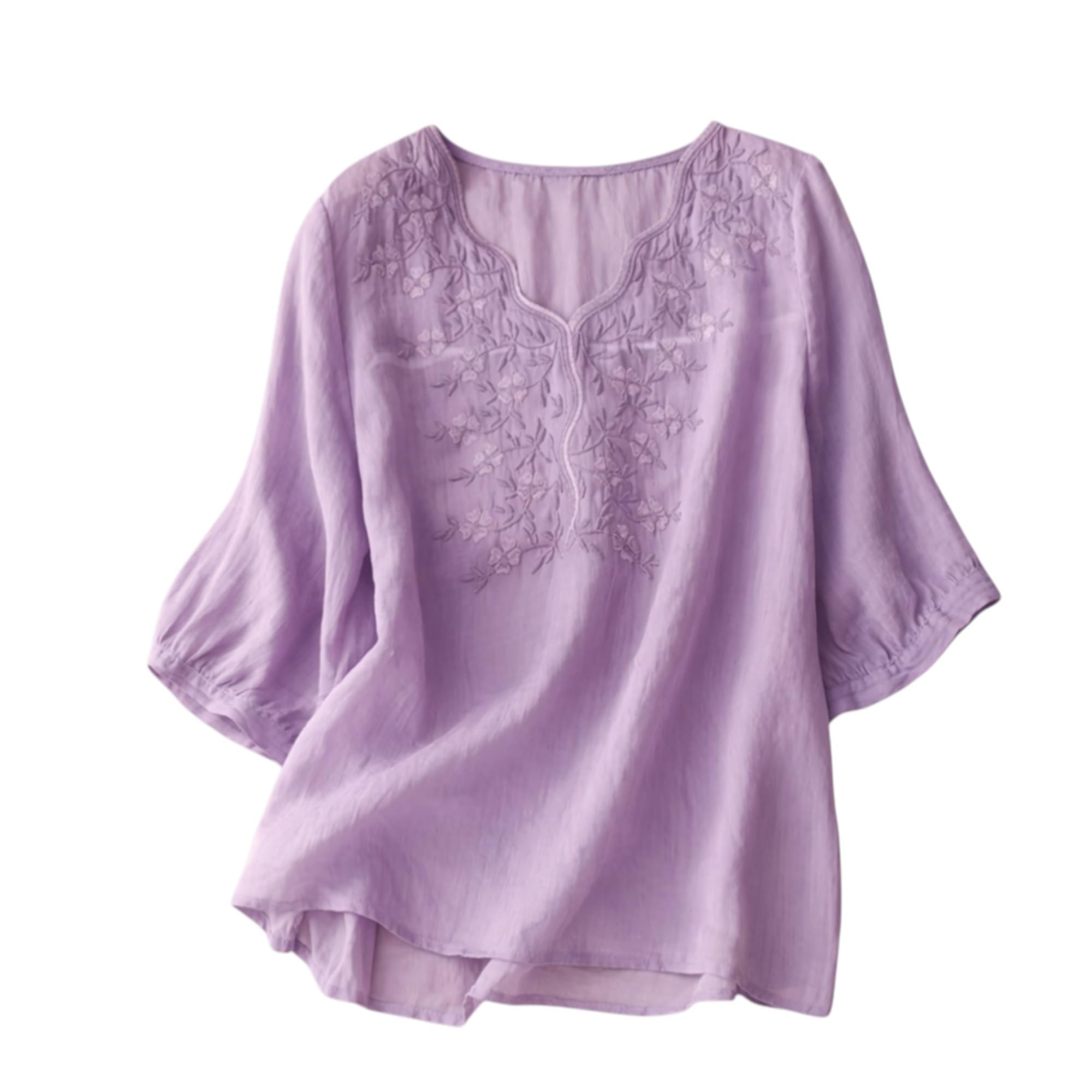 Womens Elegant Beige Floral Embroidered Tunic Top with Scalloped V Neck, Relaxed Fit, Lightweight, Casual Ethnic Style Top-image-17
