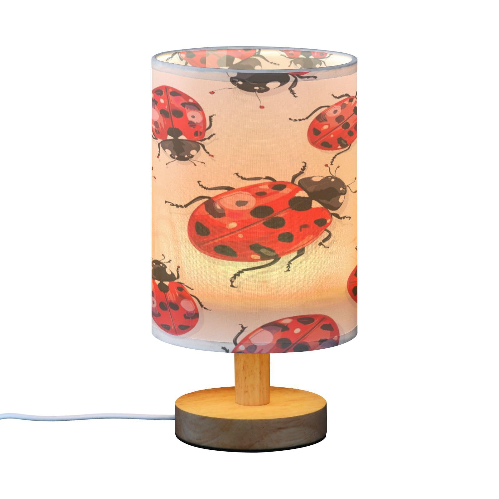 SDMKA Lady Bug Pattern Bedside Table Lamp for Bedroom, Minimalist Nightstand Lamp with Round Fabric Shade for Living Room, Office, No Bulb Required