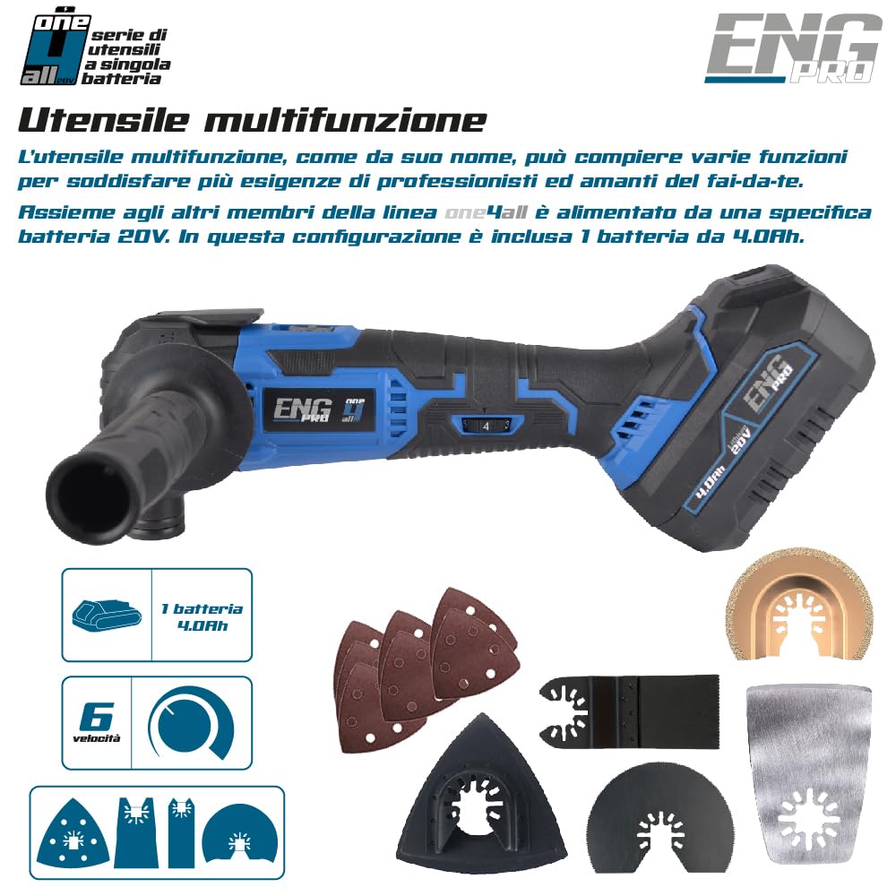 Utensile multifunzione - Linea professionale a Batteria ONE4ALL 20V - Velocità regolabile Max 20000 rpm - Accessori + Borsa Porta Utensili, 1 Batteria 4.0Ah e Caricabatteria inclusi - ENG PRO