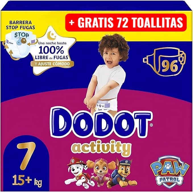 DODOT Activity Pañales Talla 7, 15+ kg, 96 Unidades, Núcleo Ultra Absorbente + regalo 46 toallitas