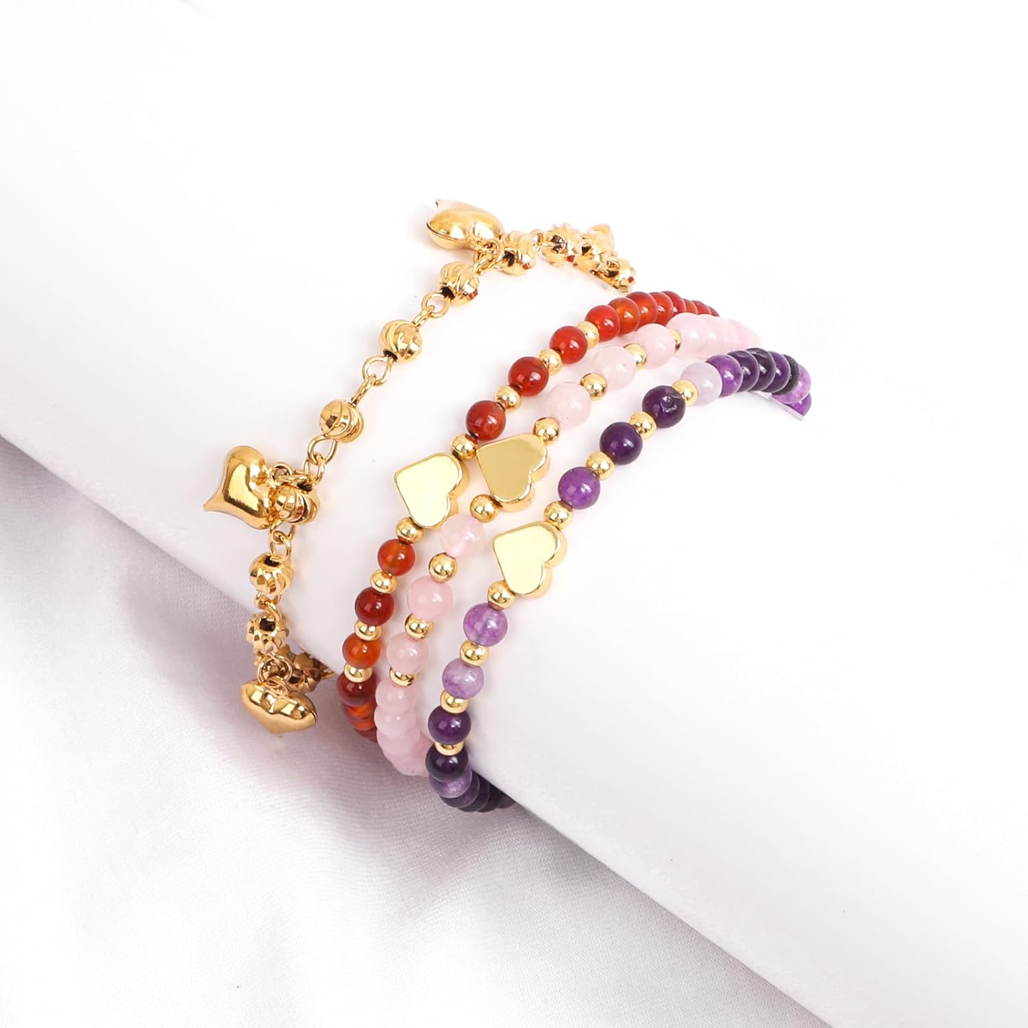 Gold Ankle Bracelets for Women, Heart Copper Beads Ankle Bracelet, Healing Rose Quartz Carnelian Amnethyst Crystal Bracelet, 14K Gold Plated Waterproof Dainty Anklets for Women - Image 7