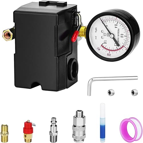 Miniatura 22 de Válvula de control universal del interruptor de presión del compresor de aire (90-120 PSI, 110V-240V) con regulador de 0-180 PSI y válvula de alivio