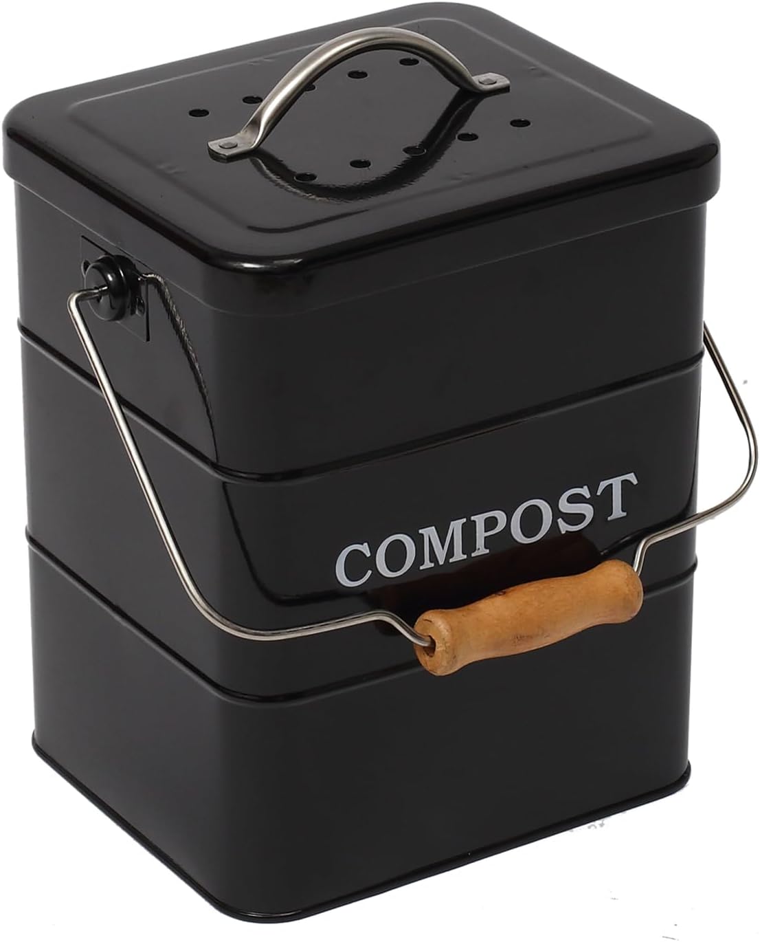 Indoor Kitchen Compost Bin for Kitchen Countertop, Great for Food Scraps, Carbon Steel, Handles, White, 1 Gallon - Includes Charcoal Filter - Black
