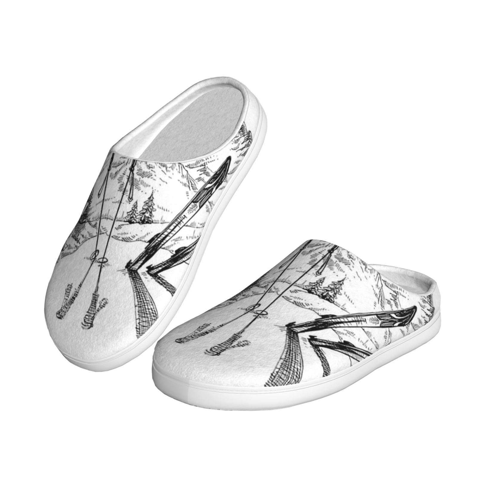 Pantoufles en coton Tpr imprimées sur le thème du ski, adaptées pour un usage quotidien à la maison et en voyage en plein air, Noir , Large