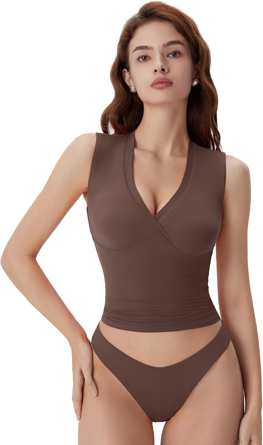 SUUKSESS Women Built in Bra V Neck Tank Tops Double Lined Summer Going Out Camisole Tops