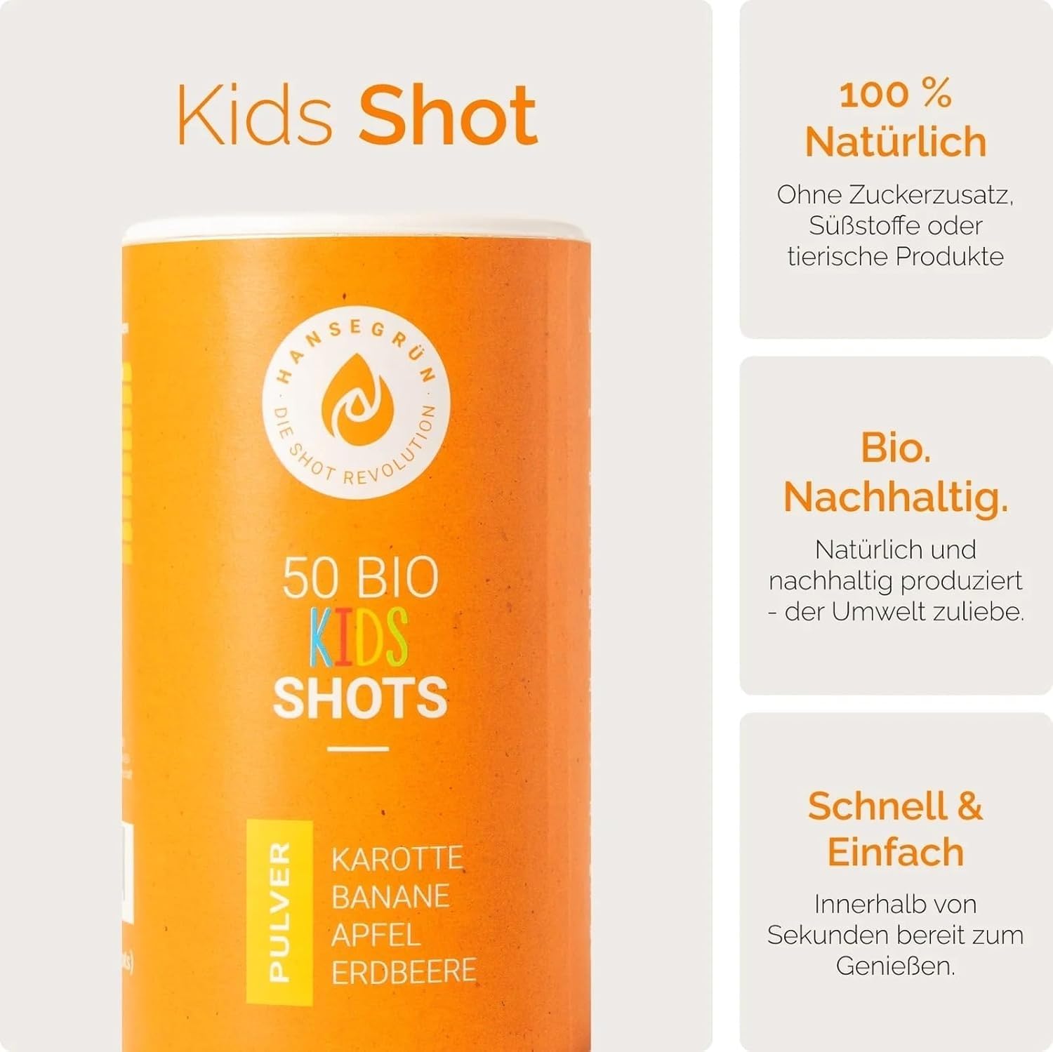 Hansegrün - Bio Kids Shots (50 Stk.) - Täglicher Allrounder für das Immunsystem¹, Zähne² & Knochen³ - Superfood-Pulver mit Gemüse, Früchten & Beeren - 100% echte Zutaten zur täglichen Zubereitung