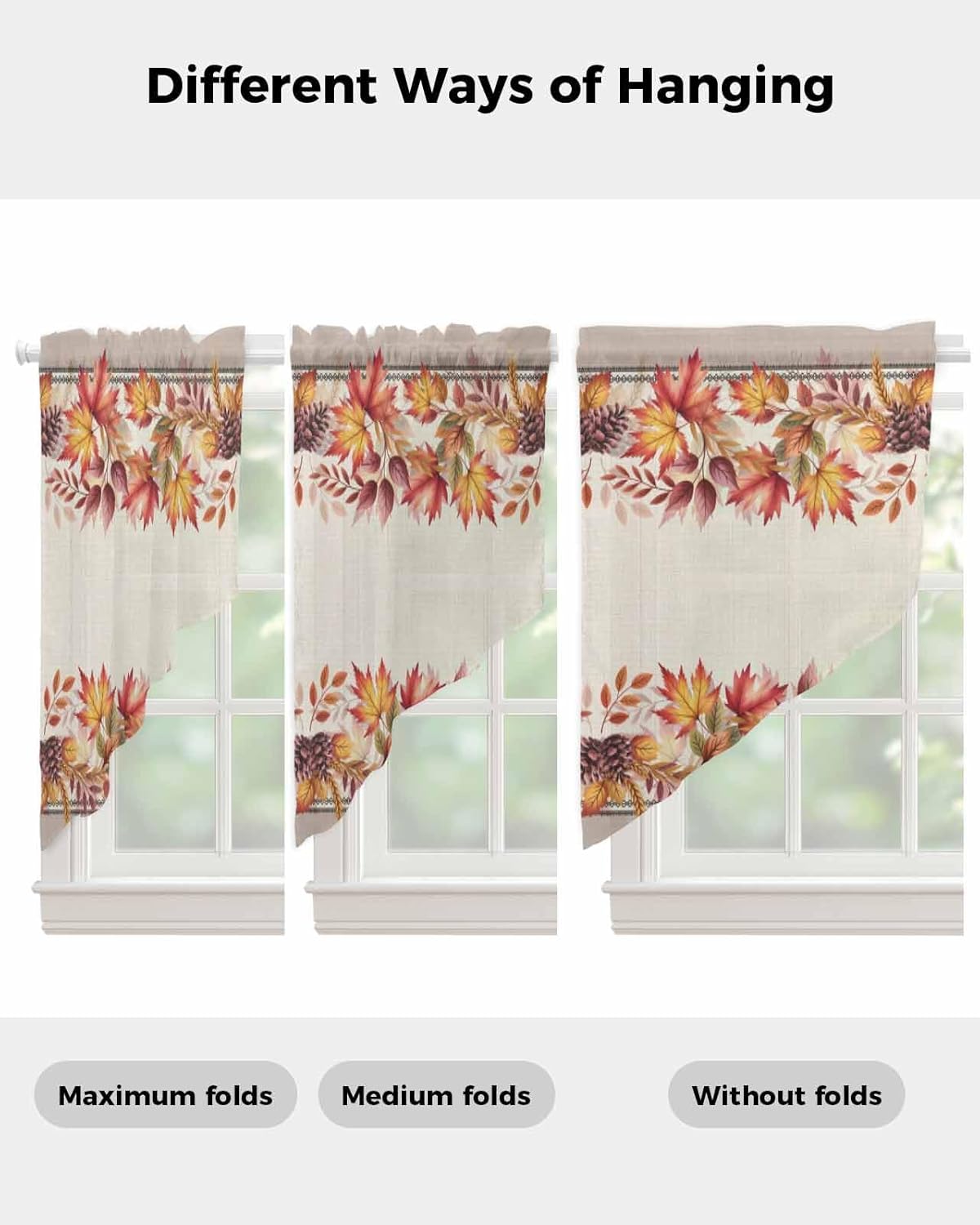 Swag Valances for Windows, Thanksgiving Farmhouse Window Valance Sheer Curtains Light Filtering Swag Curtains for Kitchen, Bedroom, Fall Maple Leaf Khaki Modern Geometric 36" Wx36 Lx2
