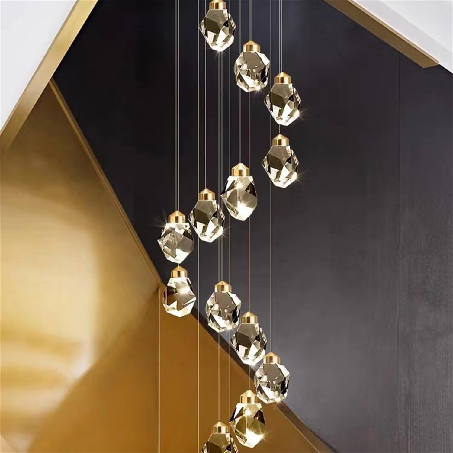 Lámpara de araña LED Regulable de Cristal de 3000-6000 K para Sala de Estar - Lámpara Colgante Dorada de 16 Luces para Escalera de Caracol de 300 cm de Largo para vestíbulo con ent