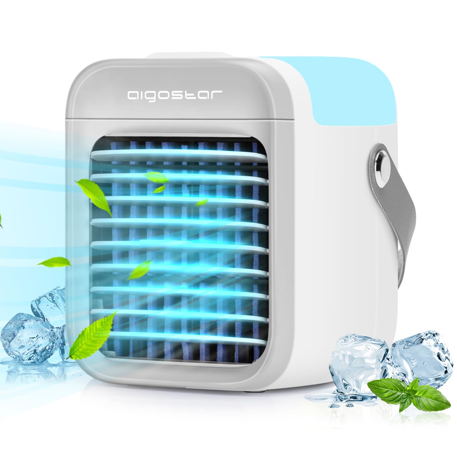 AigostarPortable Air Conditioner, Personal Evaporative Desk Fan, 3-in-1 Mini Air Cooler with Water Tank, Rechargeable Cooling Fan with 3 Speeds, 7 Colors Light for Home/Office/Outdoors