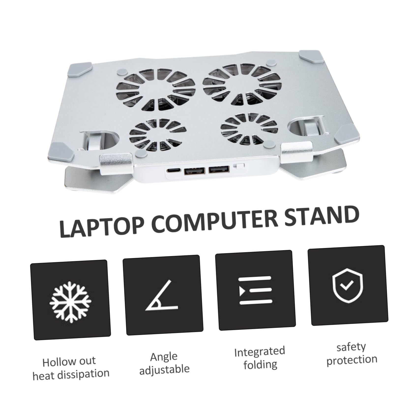 Happyyami Supporto per PC Portatile Regolabile 4 Ventole Silenziose, Base Antiscivolo in Silicone, Doppia Porta USB e Usb-c, Raffreddamento Rapido per Ufficio e Smart Working