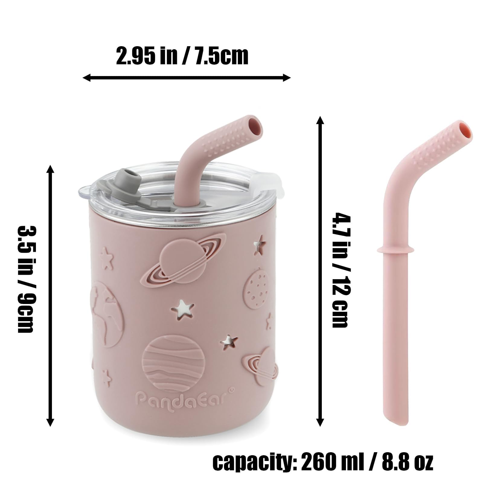 PandaEar Set Pappa 6-in-1 in Acciaio Inox per Bambini | Piatto Diviso con Ventosa, Ciotola, Bicchiere con Cannuccia, Bavaglino, Cucchiaio e Forchetta | Accessori per l'Autosvezzamento Senza BPA (Rosa)