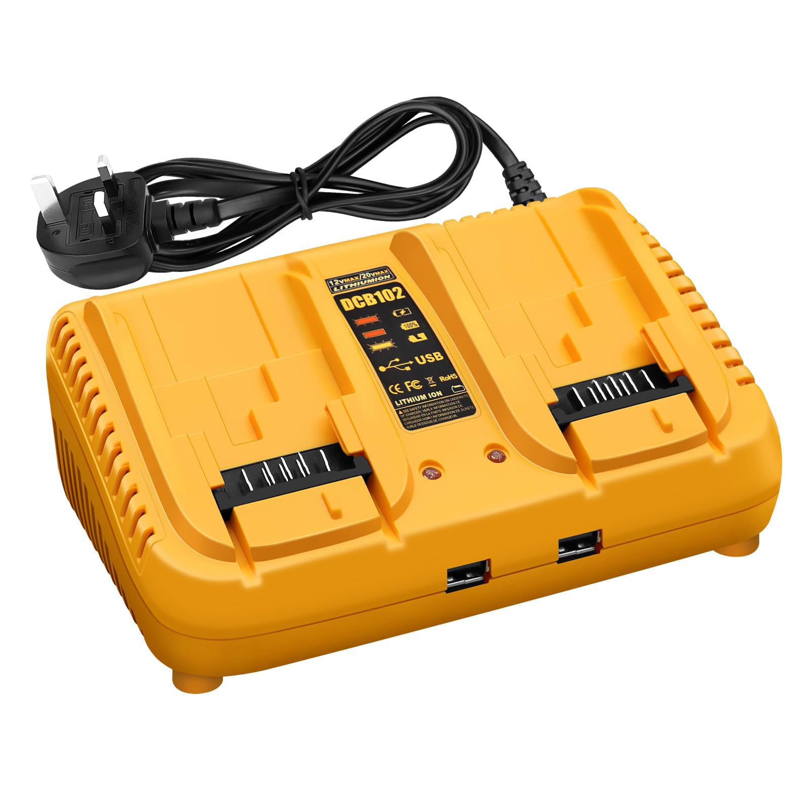 Mvellir Battery Charger Replacement Compatible with Dewalt 12V-20V MAX Lithium Battery, 3.0A Fast Charging, 2 Port Multi Charger Station with 2 USB Ports 5V 2.1A