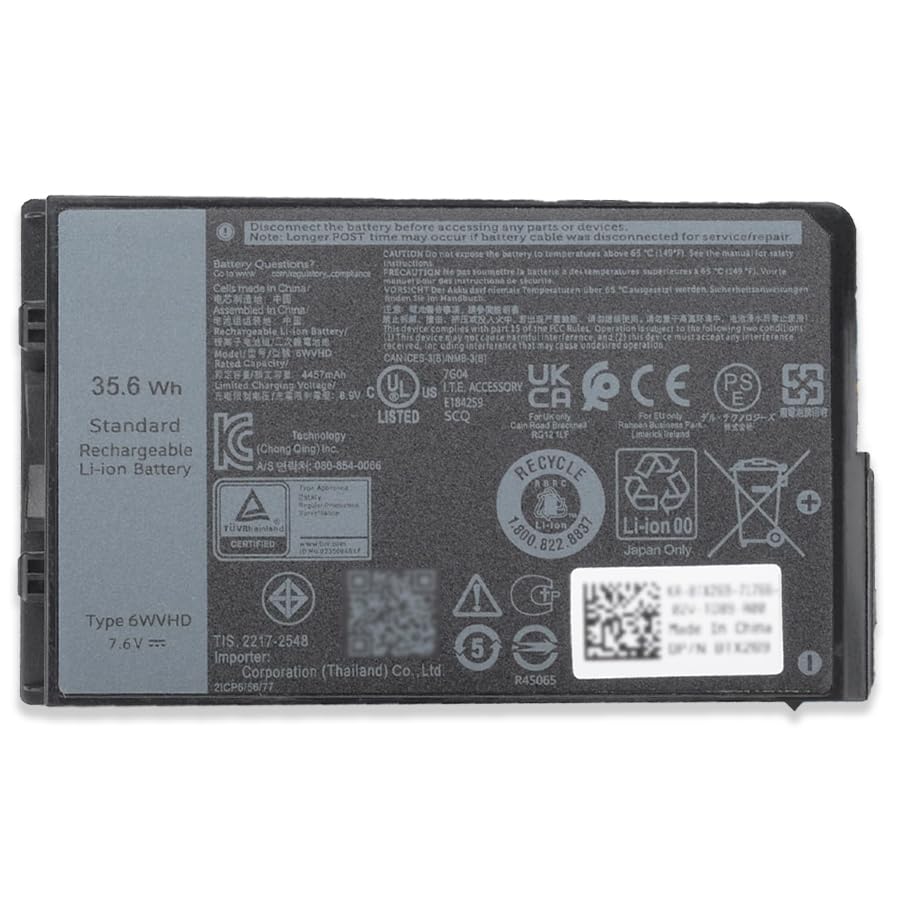 Image of 35.6Wh 6WVHD Laptop Battery Replacement for Dell Latitude 7230 Rugged Extreme Tablet T06H T06H001 Series Notebook FNW8F VDDJY 0VDDJY JM6CX 0JM6CX 451-BDDY 7.6V 4457mAh