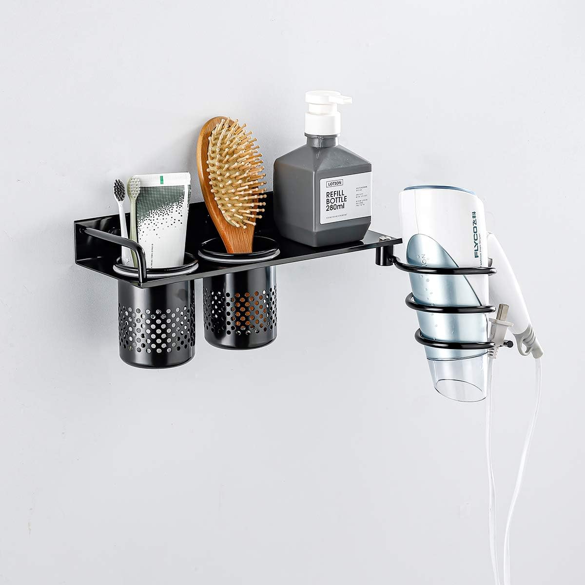 Adhesive or Drilling Hair Dryer Holder Bathroom Hair Tools Organizer Black Color