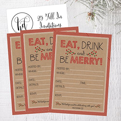 Hadley Designs 25 Rustic Holiday Party Invitations, Christmas Xmas Dinner Invite, Winter Birthday Festive Event Themed Card Ideas, Kraft Eat Drink Merry Red Adults Bday Supplies, Printable Template #TOP1