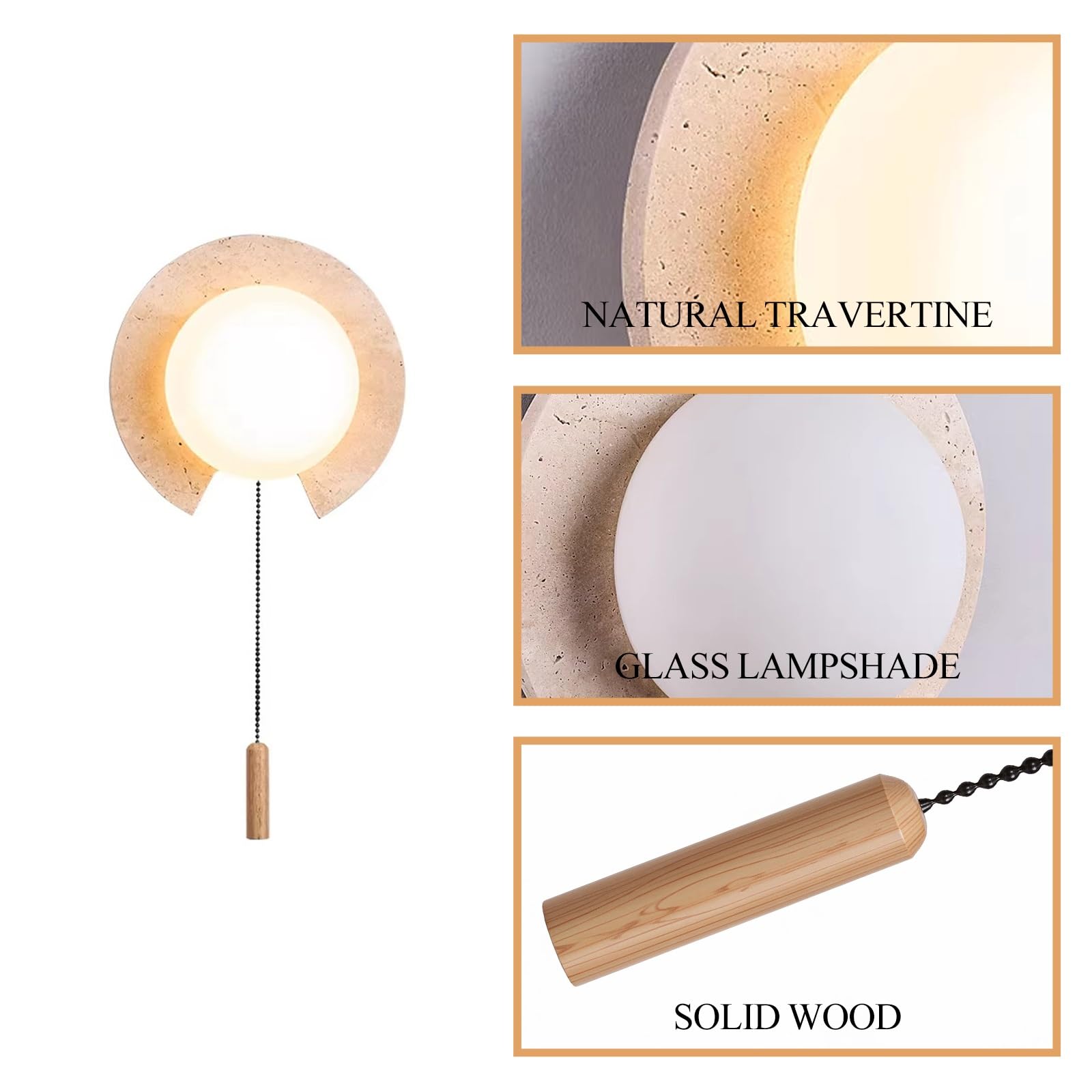 Lámpara de pared redonda de piedra natural, Wabi-Sabi | Aplique de pared de travertino amarillo con pantalla de cristal de leche, luz de pared de mármol moderna