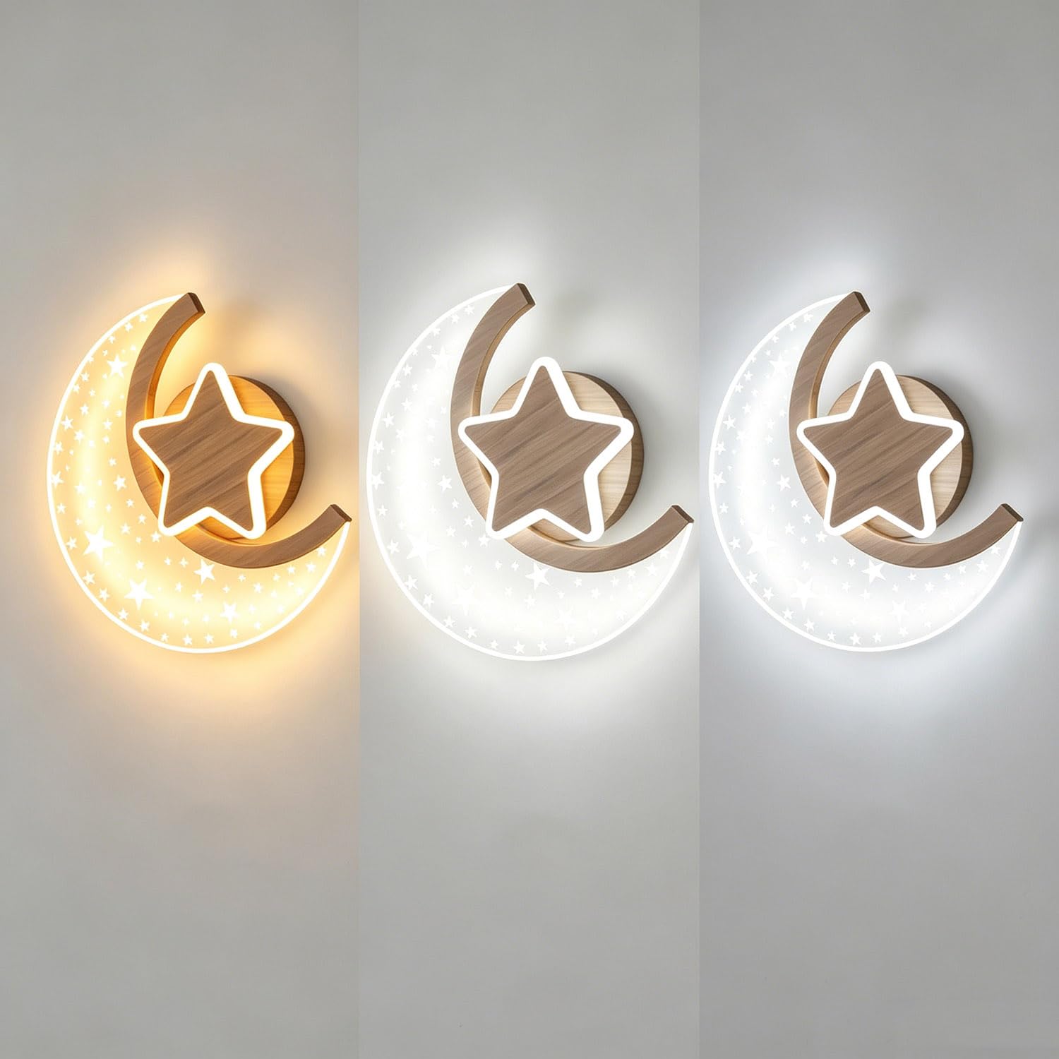 EOEO LED Mond Stern Wandleuchte Innen 12W Kinderzimmer Wandlampe aus Aluminium in Holzoptik 3000K/4000K/6000K Wand Nachttischlampe Junge Mädchen Kinder Wandbeleuchtung für Schlafzimmer Babyzimmer