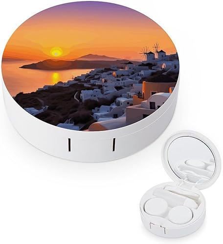 Estuche para lentes de contacto, viaje, Grecia, isla, puesta de sol, paisaje, impresión, caja de contacto con solución de espejo, aplicador de