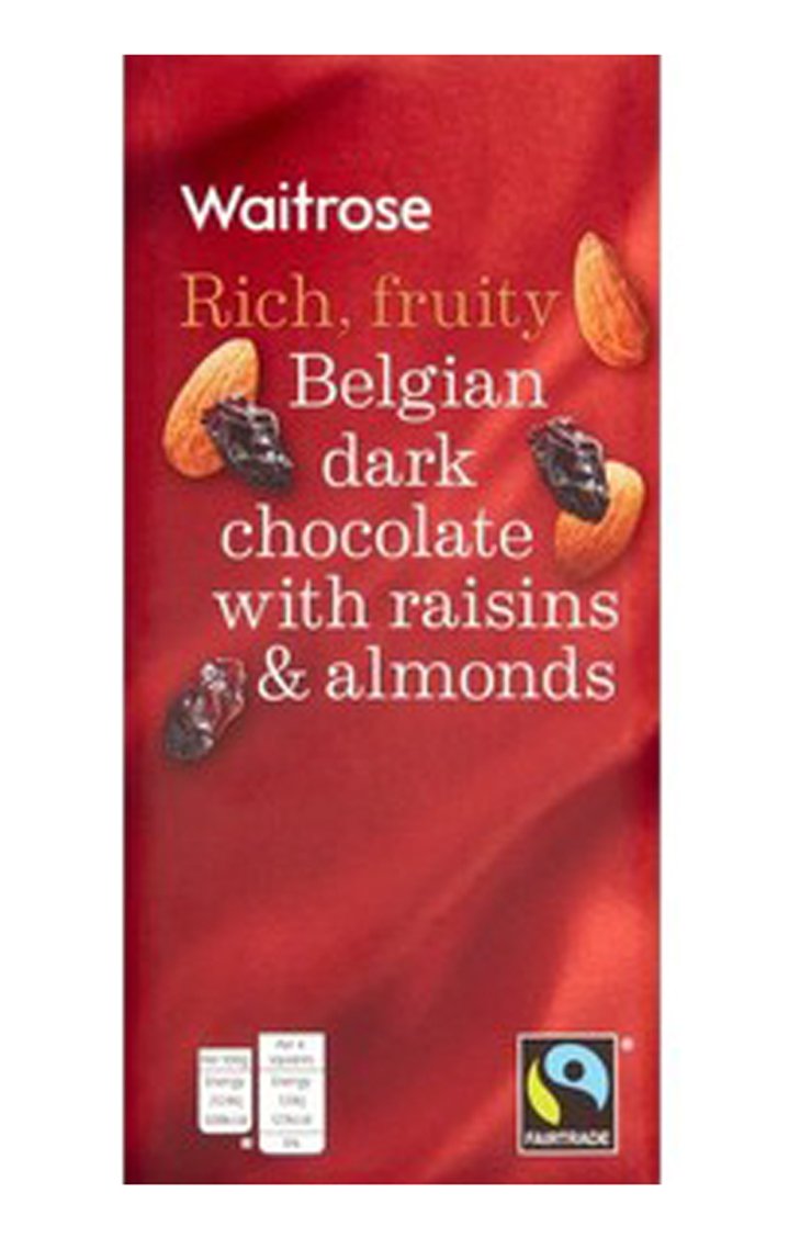 Waitrose Belgian Dark Chocolate with Raisins and Almonds, 200g Pack