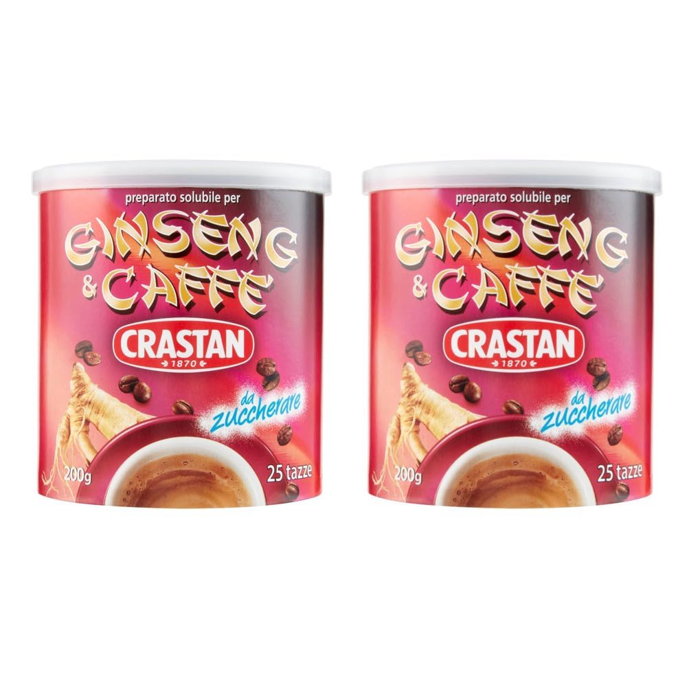 Crastan, Ginseng & Caffè, Preparato Solubile a Base di Ginseng e Caffè da Zuccherare a Piacere, 50 Tazze, Bevanda Senza Glutine e Grassi Idrogenati, 100% Made in Italy, 2 Barattoli da 200 gr